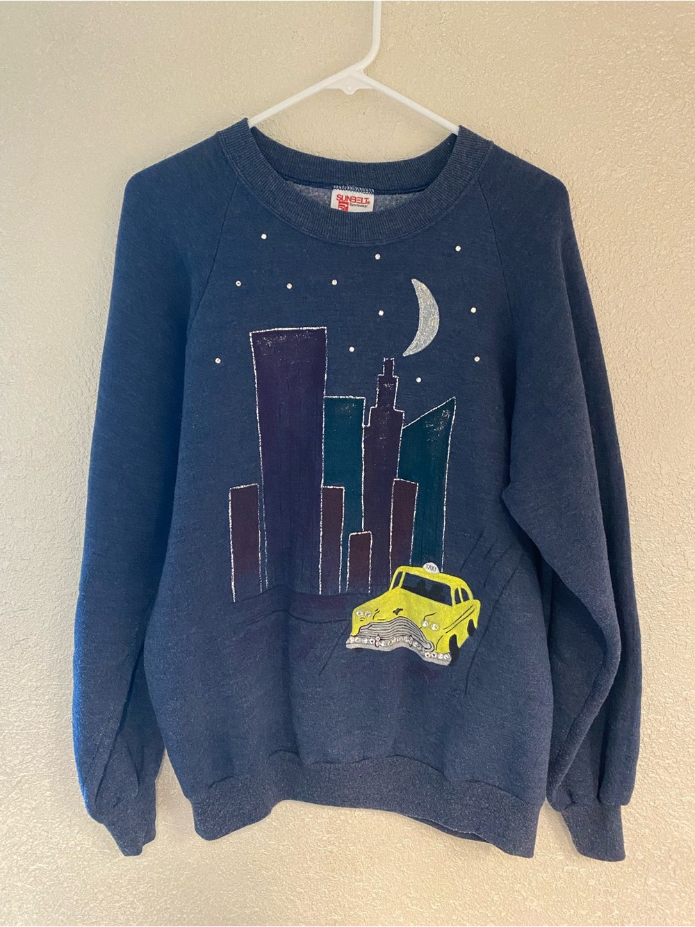 Vintage Sunbelt Sportswear Navy Graphic Crewneck Sweater with Yellow Taxi